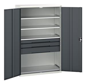 Verso kitted cupboard with 4 shelves, 3 drawers. WxDxH: 1300x550x2000mm. RAL 7035/5010 or selected Bott Verso Basic Tool Cupboards Cupboard with shelves